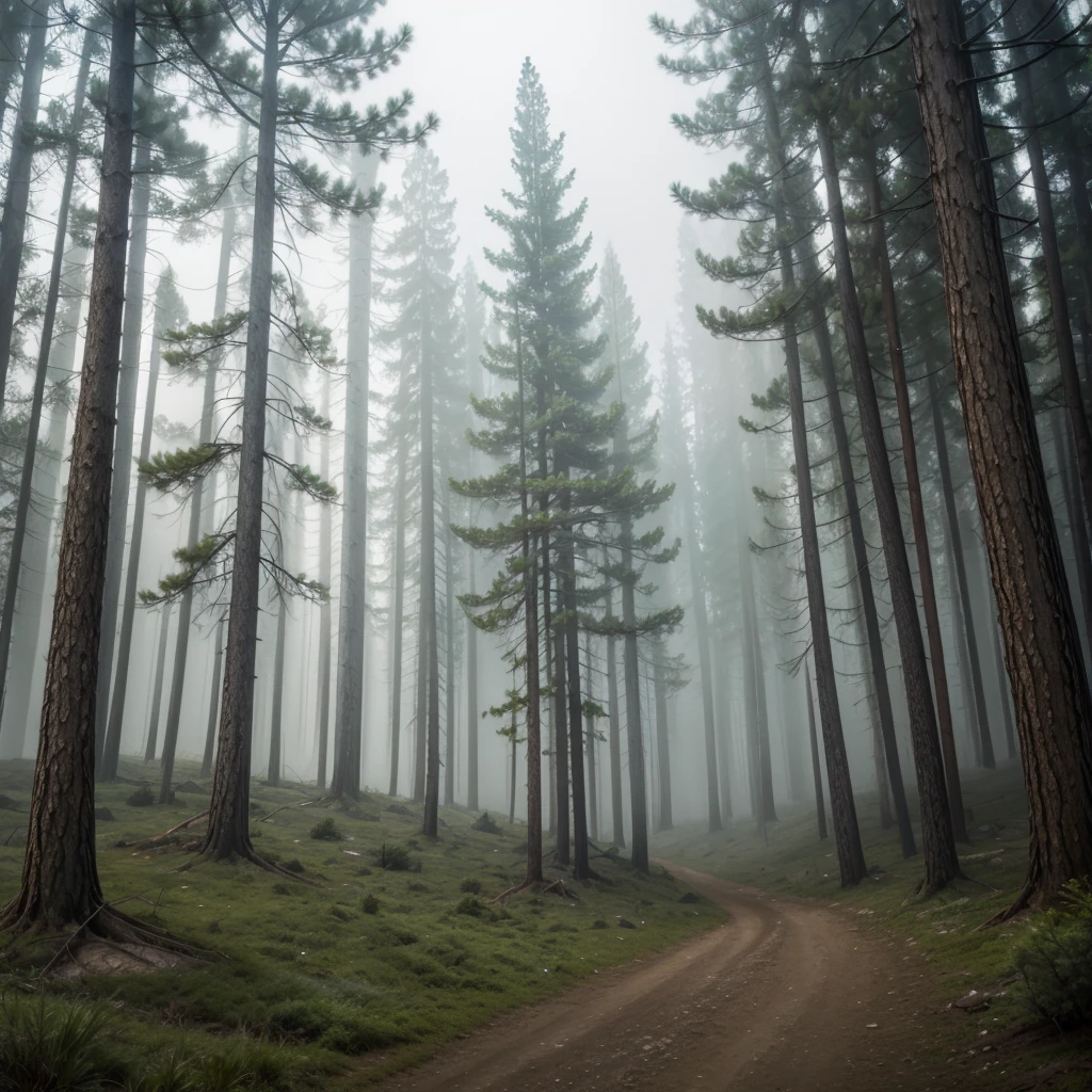 Painting of a pine forest with fog