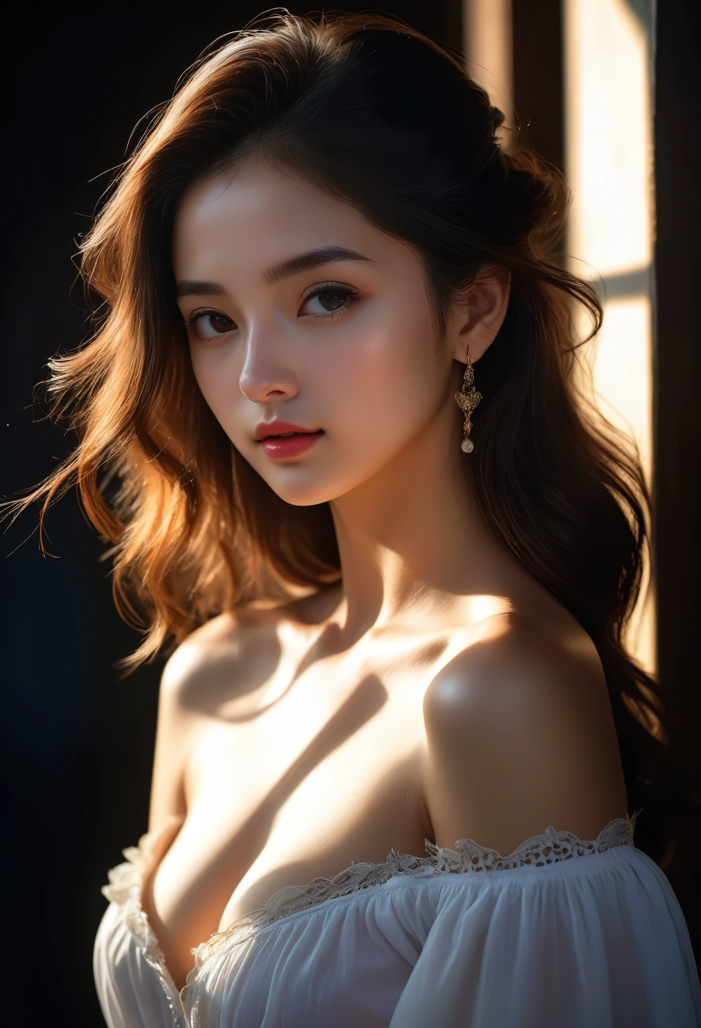 best quality, masterpiece, Ultra-high resolution, (Reality:1.4), RAW photos, 1 Girl, Off-shoulder, in the darkness, Deep Shadows, Low profile, Cold Light, Delicate skin