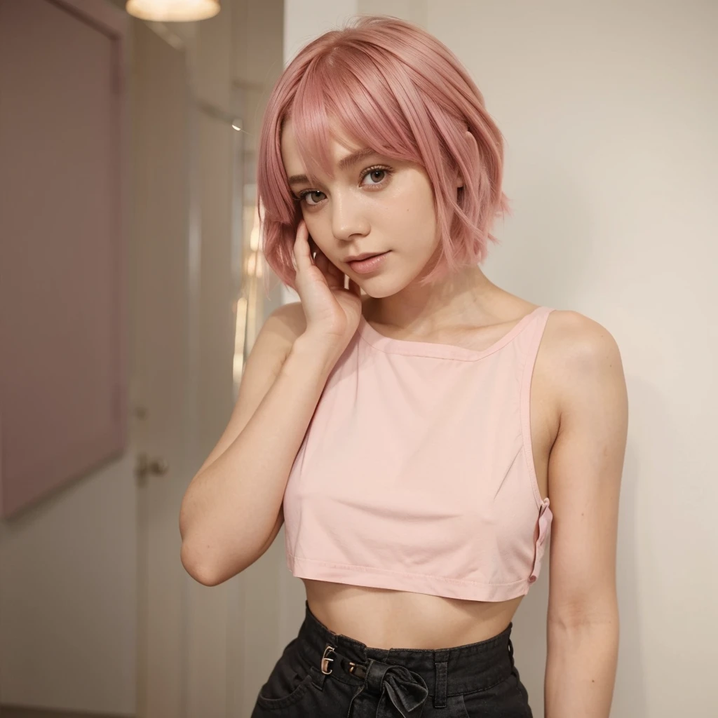 girl 21 years old, short shoulder-length hair, pink hair color