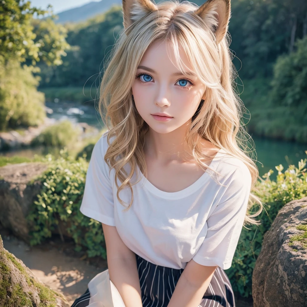 masterpiece, highest quality, Wolf Girl, elegant, One girl, Wolf Ears, Wolf's tail, cute, Blushed, View Viewer, From above, Blonde Wavy Hair, mini skirt, black and white striped t-shirt, blue eyes, Beautiful Eyes, Beautiful background, Particles of light, Light of the sun, Dramatic lighting, outside, Shiny, Realistic, masterpiece, highest quality, ultra-detailed, detailed, scenery, beautiful detailed eyes, detailed hair　Selfie