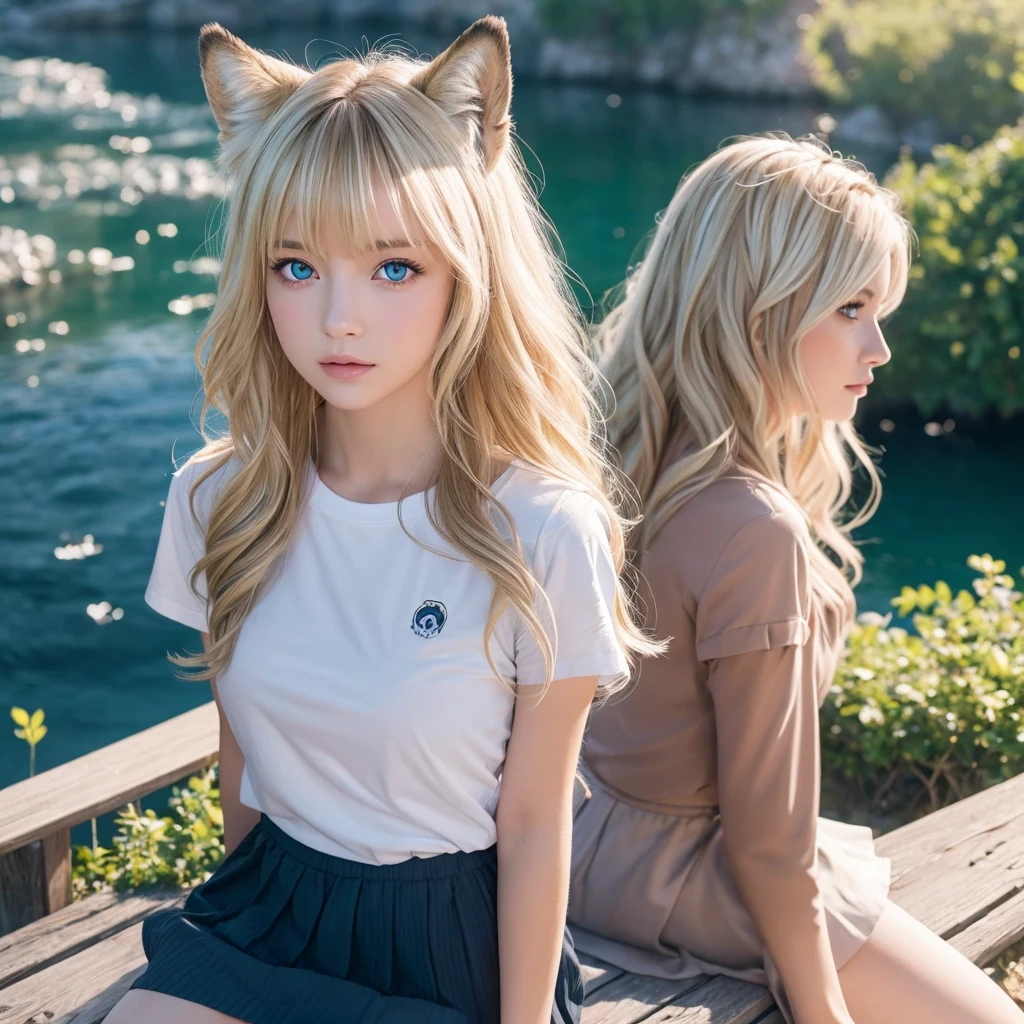 masterpiece, highest quality, Wolf Girl, elegant, One girl, Wolf Ears, Wolf's tail, cute, Blushed, View Viewer, From above, Blonde Wavy Hair, mini skirt, black and white striped t-shirt, blue eyes, Beautiful Eyes, Beautiful background, Particles of light, Light of the sun, Dramatic lighting, outside, Shiny, Realistic, masterpiece, highest quality, ultra-detailed, detailed, scenery, beautiful detailed eyes, detailed hair Selfie