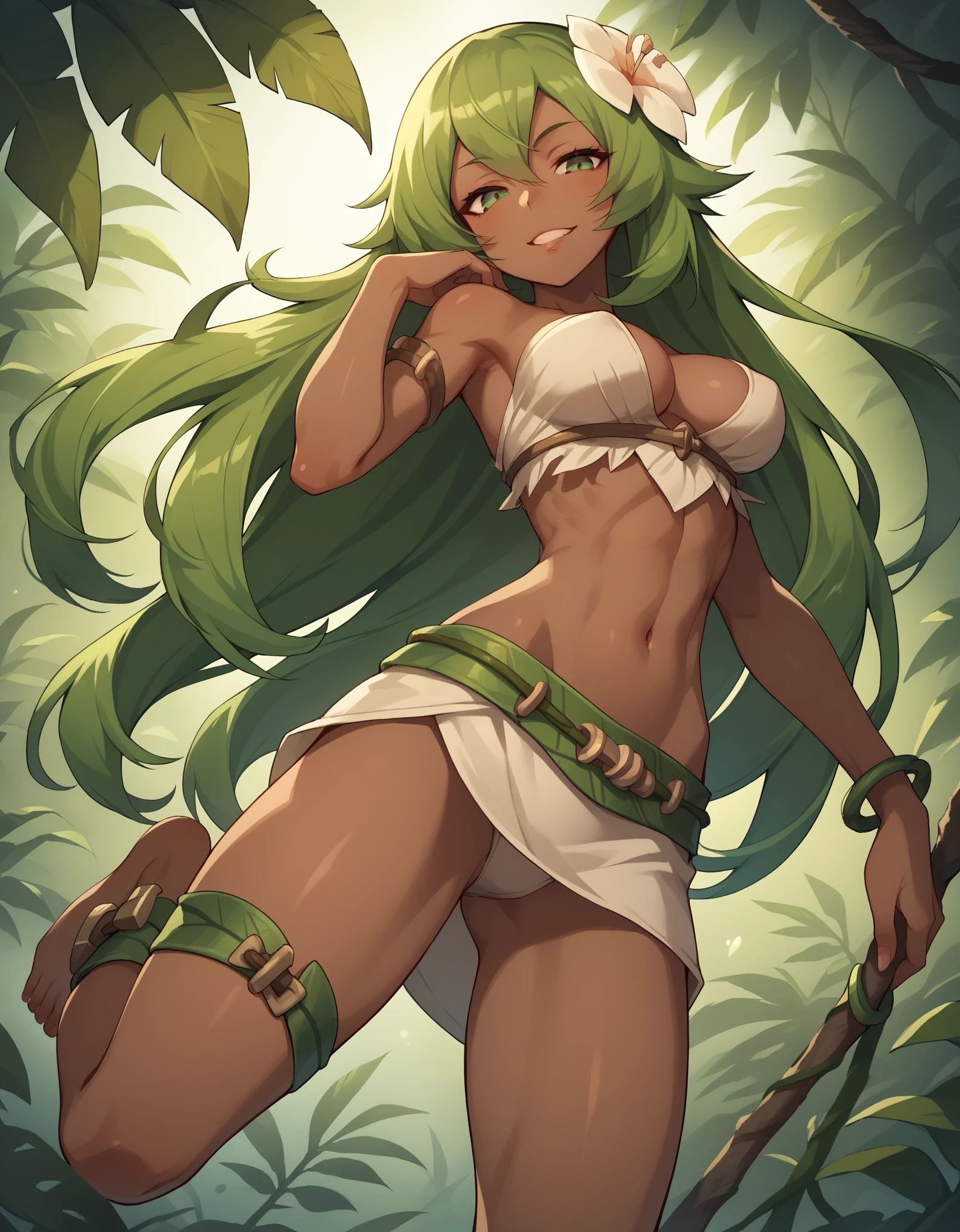 score_9, score_8_up, score_7_up, 1girl, solo,
breasts,
SadidaDG,
green hair, green eyes, long hair, dark-skinned female, plant girl, 
 hair ornament, ankle wrap, belt, 
jungle, sunset, 
from below, 
lips,
looking at viewer, 
grin, half-closed eyes, 
barefoot, 