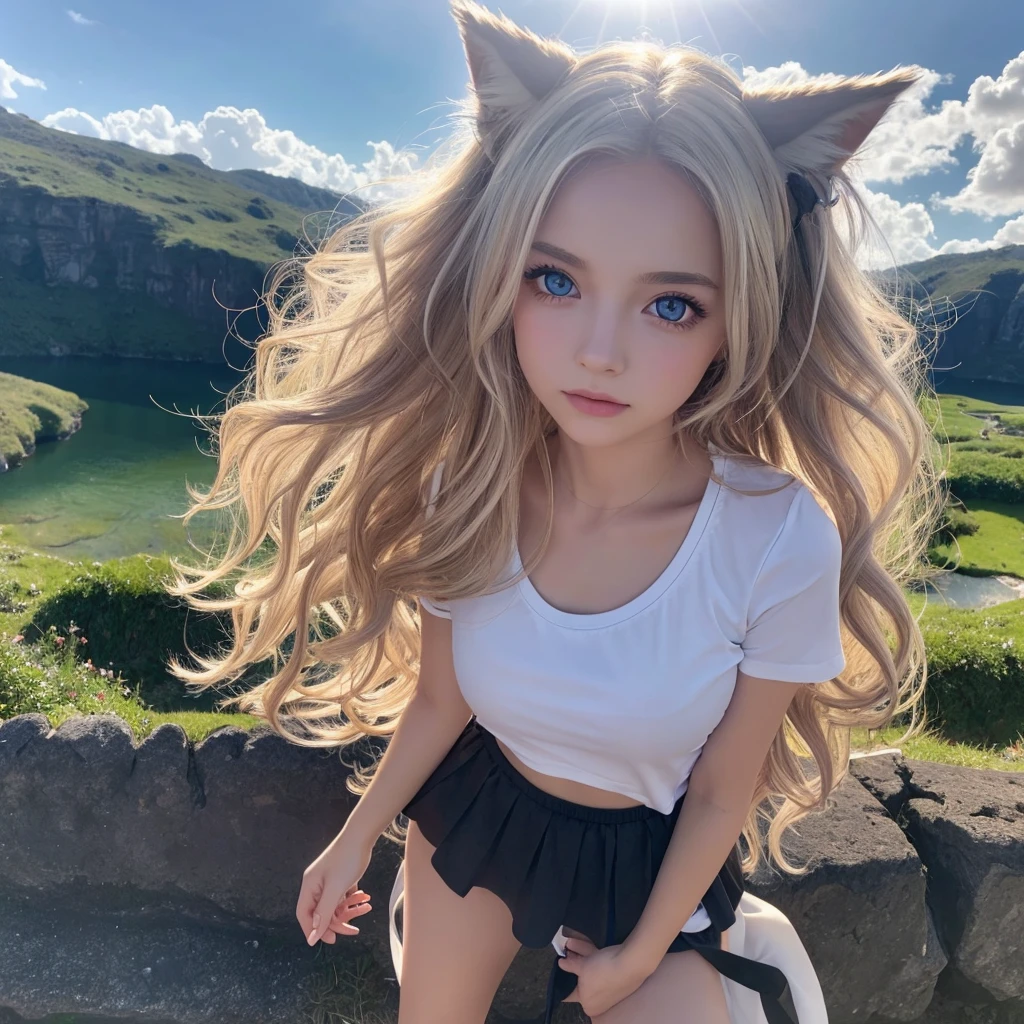masterpiece, highest quality, Wolf Girl, elegant, One girl, Wolf Ears, Wolf's tail, cute, Blushed, View Viewer, From above, Blonde Wavy Hair, mini skirt, black and white striped t-shirt, blue eyes, Beautiful Eyes, Beautiful background, Particles of light, Light of the sun, Dramatic lighting, outside, Shiny, Realistic, masterpiece, highest quality, ultra-detailed, detailed, scenery, beautiful detailed eyes, detailed hair　Selfie