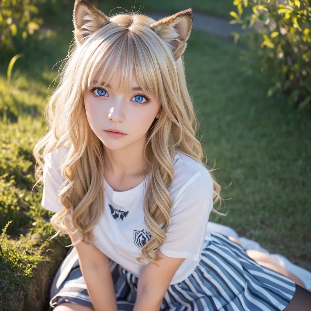 masterpiece, highest quality, Wolf Girl, elegant, One girl, Wolf Ears, Wolf's tail, cute, Blushed, View Viewer, From above, Blonde Wavy Hair, mini skirt, black and white striped t-shirt, blue eyes, Beautiful Eyes, Beautiful background, Particles of light, Light of the sun, Dramatic lighting, outside, Shiny, Realistic, masterpiece, highest quality, ultra-detailed, detailed, scenery, beautiful detailed eyes, detailed hair　Selfie