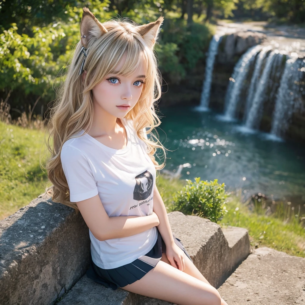 masterpiece, highest quality, Wolf Girl, elegant, One girl, Wolf Ears, Wolf's tail, cute, Blushed, View Viewer, From above, Blonde Wavy Hair, mini skirt, black and white striped t-shirt, blue eyes, Beautiful Eyes, Beautiful background, Particles of light, Light of the sun, Dramatic lighting, outside, Shiny, Realistic, masterpiece, highest quality, ultra-detailed, detailed, scenery, beautiful detailed eyes, detailed hair Selfie