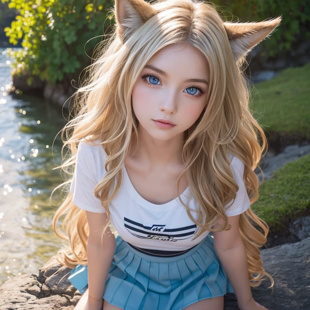 masterpiece, highest quality, Wolf Girl, elegant, One girl, Wolf Ears, Wolf's tail, cute, Blushed, View Viewer, From above, Blonde Wavy Hair, mini skirt, black and white striped t-shirt, blue eyes, Beautiful Eyes, Beautiful background, Particles of light, Light of the sun, Dramatic lighting, outside, Shiny, Realistic, masterpiece, highest quality, ultra-detailed, detailed, scenery, beautiful detailed eyes, detailed hair Selfie