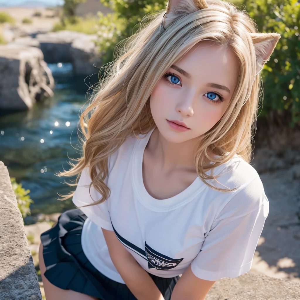 masterpiece, highest quality, Wolf Girl, elegant, One girl, Wolf Ears, Wolf's tail, cute, Blushed, View Viewer, From above, Blonde Wavy Hair, mini skirt, black and white striped t-shirt, blue eyes, Beautiful Eyes, Beautiful background, Particles of light, Light of the sun, Dramatic lighting, outside, Shiny, Realistic, masterpiece, highest quality, ultra-detailed, detailed, scenery, beautiful detailed eyes, detailed hair　Selfie