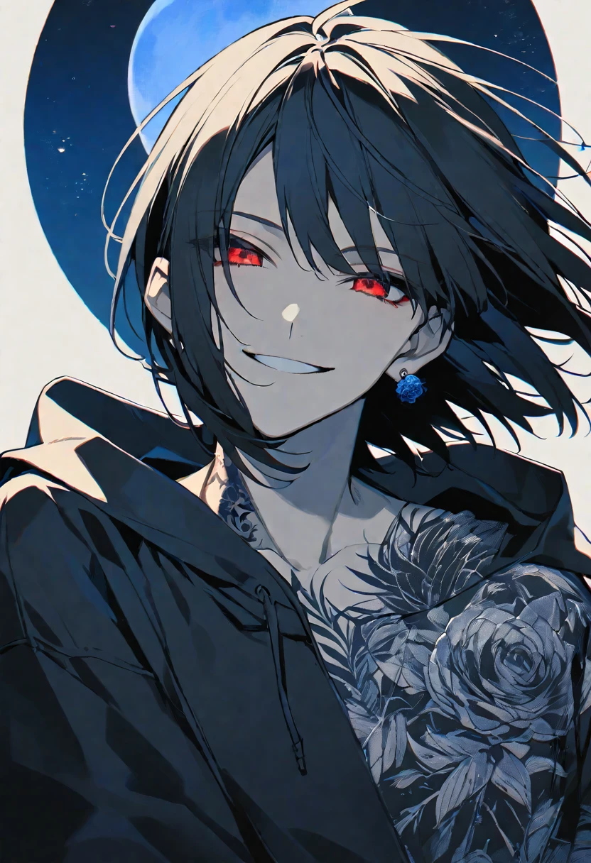 solo, handsome, monotone,
1. male,
Hime cut,Straight Hair,Bob Hair,
black hair,
Nakano Yotsuba,
red Eyes,Soft look,beautiful,Darkness,Lots of silver earrings,blue rose tattoo,
black hoodie ,smile,skin,
simple background,イケメン ,
moon,star sky