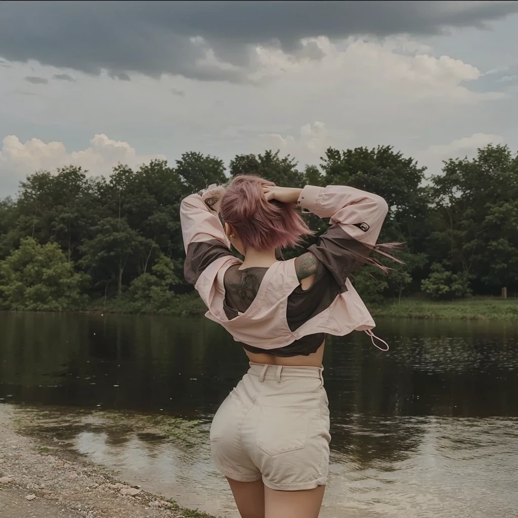 girl 21 years old, short shoulder-length hair, pink hair color