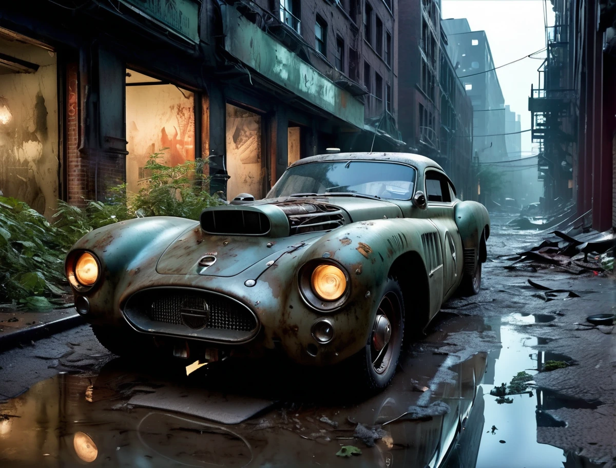 a photo of a dieselpunk sports car, 3/4 front view, survival, post-apocalyptic, cyberpunk, outdoors, ((night)), destruction, urban decay, reflective puddles masterpiece, overgrown city