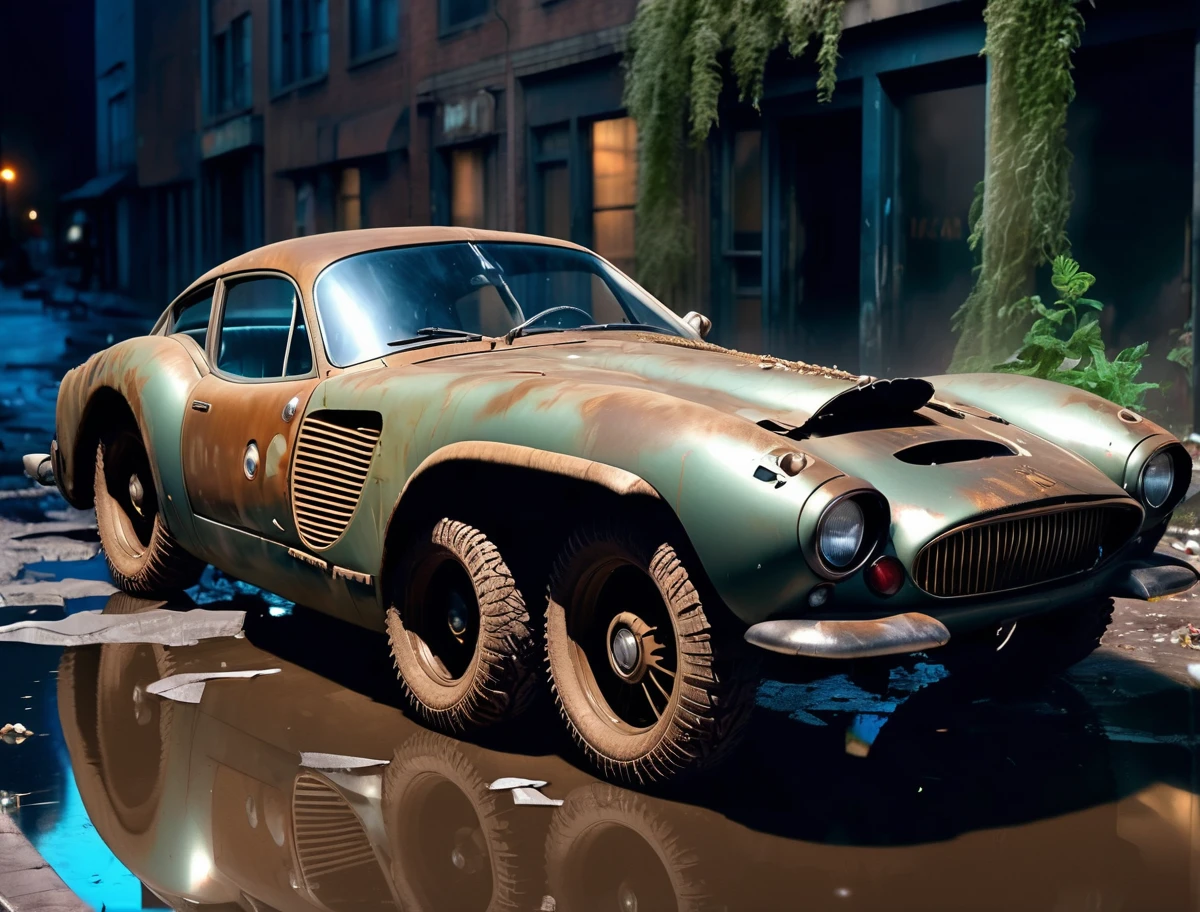 a photo of a dieselpunk sports car, 3/4 front view, survival, post-apocalyptic, cyberpunk, outdoors, ((night)), destruction, urban decay, reflective puddles masterpiece, overgrown city
