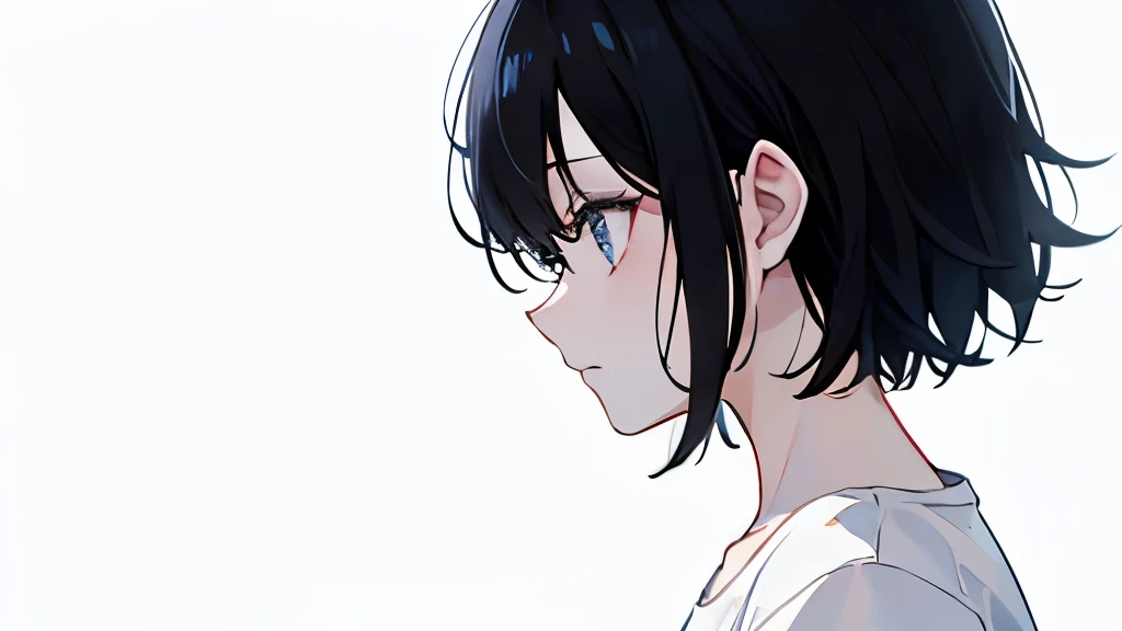 Beautiful image quality、Profile of a 、Shortcuts、Black Hair、Anxious face、White T-shirt、Black Background、