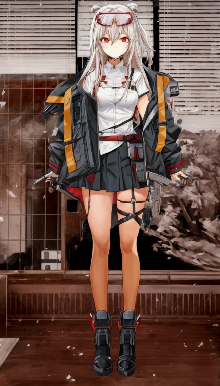 Anime girl in white shirt and black skirt standing in front of a window., front line girls style, from front line girls, fine details. front line girls, Kantai Collection Style, front line girls cg, front line girls universe, anime full body illustration, front line girls, de arknights, m4 sopmod ii front line girls, anime style, beautiful anime high school girl, red eyes, red and white hair, futuristic military type glasses placed on the head.
