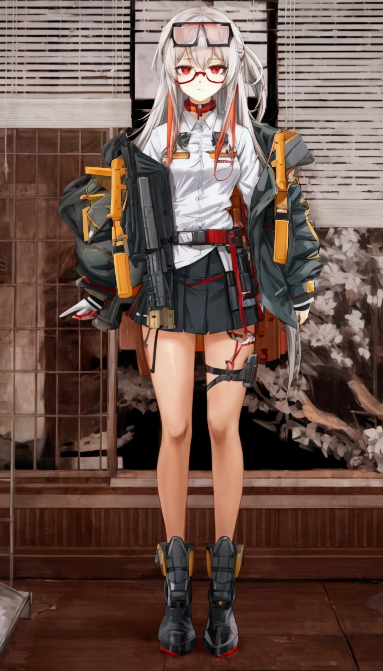 Anime girl in white shirt and black skirt standing in front of a window., front line girls style, from front line girls, fine details. front line girls, Kantai Collection Style, front line girls cg, front line girls universe, anime full body illustration, front line girls, de arknights, m4 sopmod ii front line girls, anime style, beautiful anime high school girl, red eyes, red and white hair, futuristic military type glasses placed on the head. 