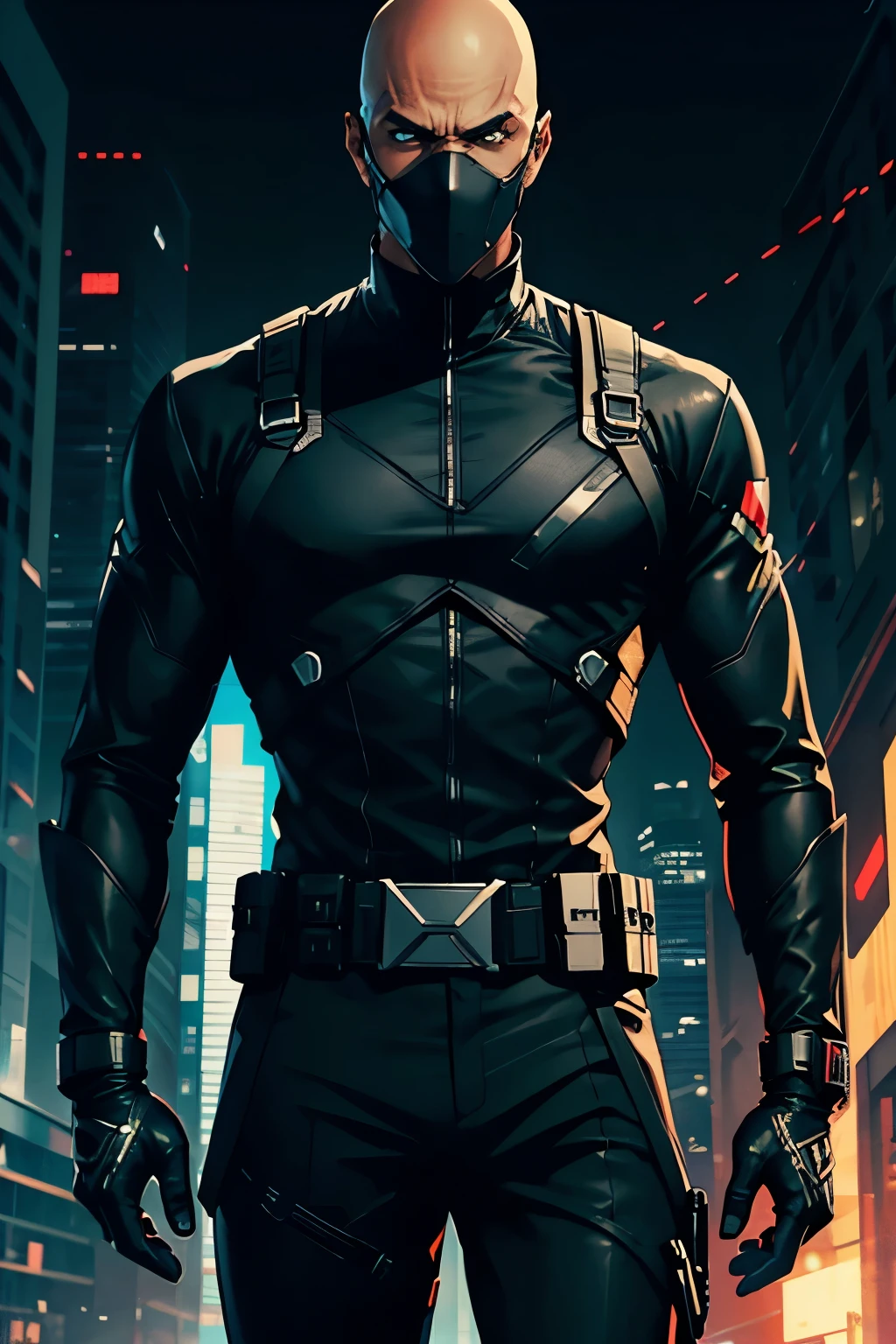 generate a black guy in a futuristic hitman costume, he has a bald headed hero mask that covers his whole face leaving his mouth and eyes showing only, simple all black clothing, his suit has trailed lines of glowing light around it, he has a utility gear, comic style anime bold lines