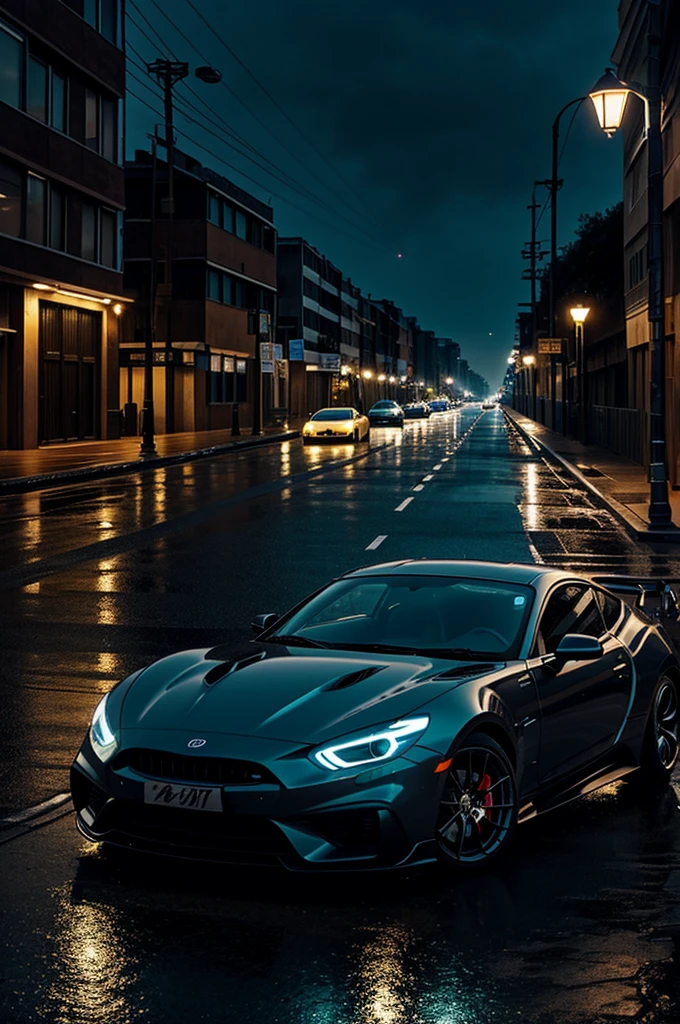 draw a sports car making a delivery in the rain in an urbanization at night illuminated by streetlights and moonlight