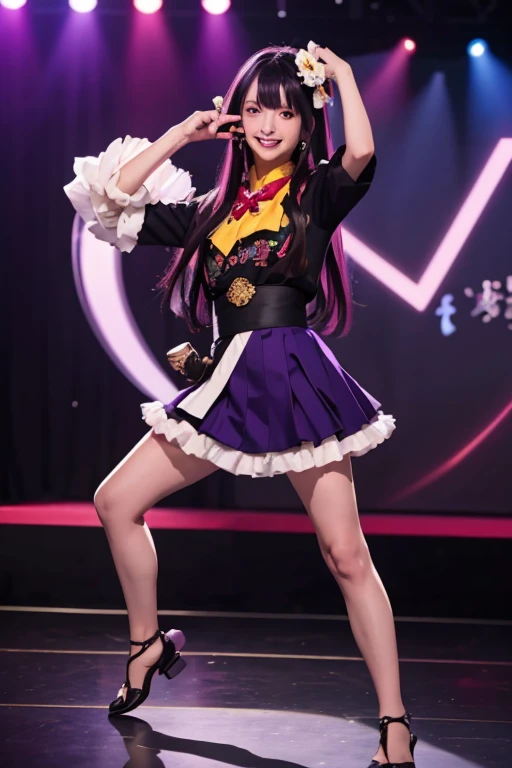 smile,(Highest quality)++,(masterpiece)++,(Super detailed)++,(High Resolution)++,(8K Portrait)++,Production art,hoshino ai, long hair, purple hair, streaked hair ,purple eyes, star-shaped pupils, hair ornament,(((Free pose、whole body)))、Idol Costumes、