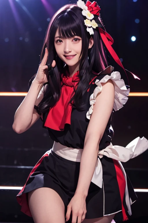 smile,(Highest quality)++,(masterpiece)++,(Super detailed)++,(High Resolution)++,(8K Portrait)++,Production art,hoshino ai, long hair, purple hair, streaked hair ,purple eyes, star-shaped pupils, hair ornament,(((Free pose、whole body)))、Idol Costumes、8K, Highest quality, High resolution, Realistic, Real person, A live stage attracting a large audience, One Girl, Young and cute Japanese idols, ((Cane)), big, Long and beautiful legs, ステージ上でsmileを浮かべながら、Mr.々Dancing vigorously in a pose, Holding a microphone, , Beautiful lighting
