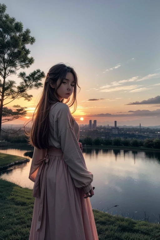 An anime character is standing on a gently sloping hill, looking towards the horizon where the sun is slowly setting. The sky is painted with warm shades of orange, pink, and purple, creating a serene and tranquil atmosphere. The character has a contemplative look, with hair fluttering in the wind. Their attire is typical of anime, perhaps with a traditional or modern twist, reflecting their unique style. In the background, the soft silhouettes of trees and maybe some distant buildings add depth to the scene. The image conveys a sense of peace and reflection at the end of a memorable day.