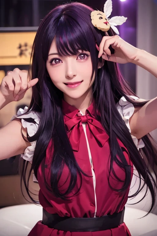 smile,(Highest quality)++,(masterpiece)++,(Super detailed)++,(High Resolution)++,(8K Portrait)++,Production art,hoshino ai, long hair, purple hair, streaked hair ,purple eyes, star-shaped pupils, hair ornament,(((Free pose、whole body)))、Idol Costumes、