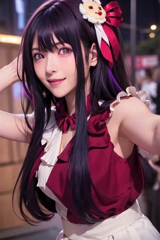 smile,(Highest quality)++,(masterpiece)++,(Super detailed)++,(High Resolution)++,(8K Portrait)++,Production art,hoshino ai, long hair, purple hair, streaked hair ,purple eyes, star-shaped pupils, hair ornament,(((Free pose、whole body)))、Idol Costumes、