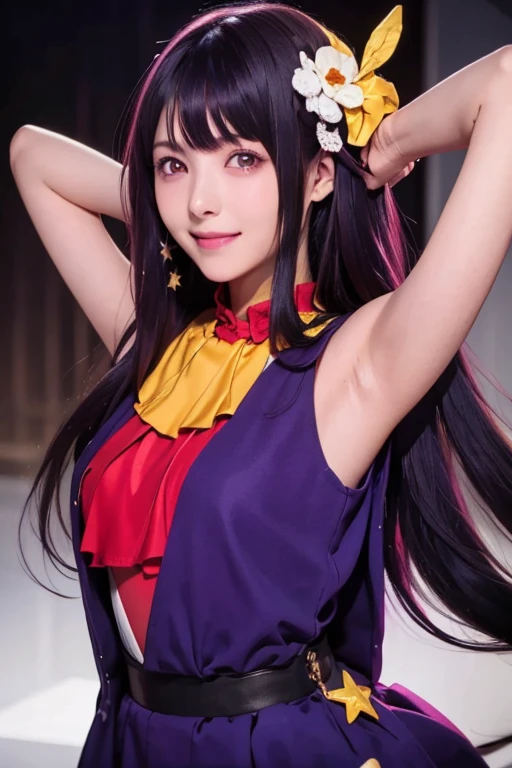 smile,(Highest quality)++,(masterpiece)++,(Super detailed)++,(High Resolution)++,(8K Portrait)++,Production art,hoshino ai, long hair, purple hair, streaked hair ,purple eyes, star-shaped pupils, hair ornament,(((Free pose、whole body)))、Idol Costumes、