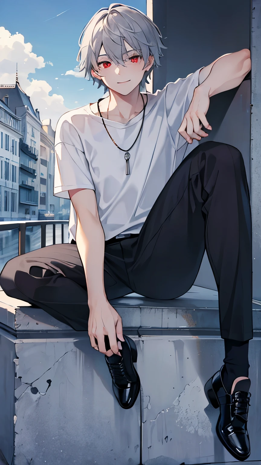 (masterpiece, Highest quality:1.2), (Ultra detailed face), (Very beautiful face), whole body, alone, Tall Boy, be patient, Male Focus, One boy, smile, I'm looking at my phone, Looking at cell phone,Gray Hair, Red eyes,Red Eyes, Clear eyes, Beautiful Eyes, Beautiful attention to detail, Black T-shirt, necklace,Short sleeve, Black trousers, Beautiful sky, Beautiful sky,Beautiful city,City, Dynamic Angle Information