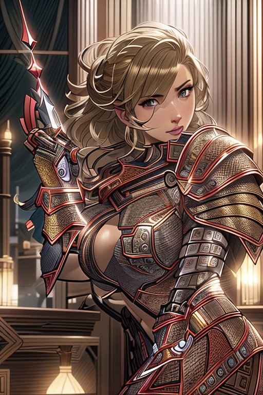 nsfw,A picture from head to waist、scarlett johansson photo, Beautiful woman updo,Rich redhead,  (whole body:1.3), Glamour figure, (Big Breasts:1.8、Curved waist：0.9、Big Ass：1.5), (Scaly Armor、big shoulder armor、Large waist armor、Arm armor、foot armor、 (Highest quality) (detailed) (8K) (High resolution) (wallpaper) (Cinema Lighting) (Sharp focus) (Complex) 