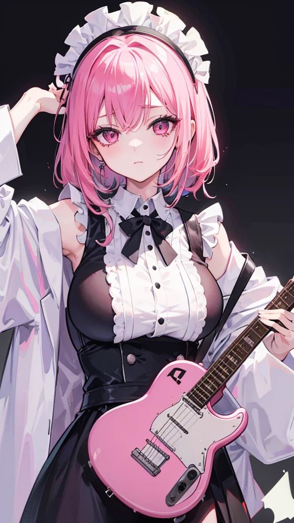 undead,BDSM,Korean beautiful girl,pink hair,maid clothes,Electric guitar,very hot day,2020s fashion illustration