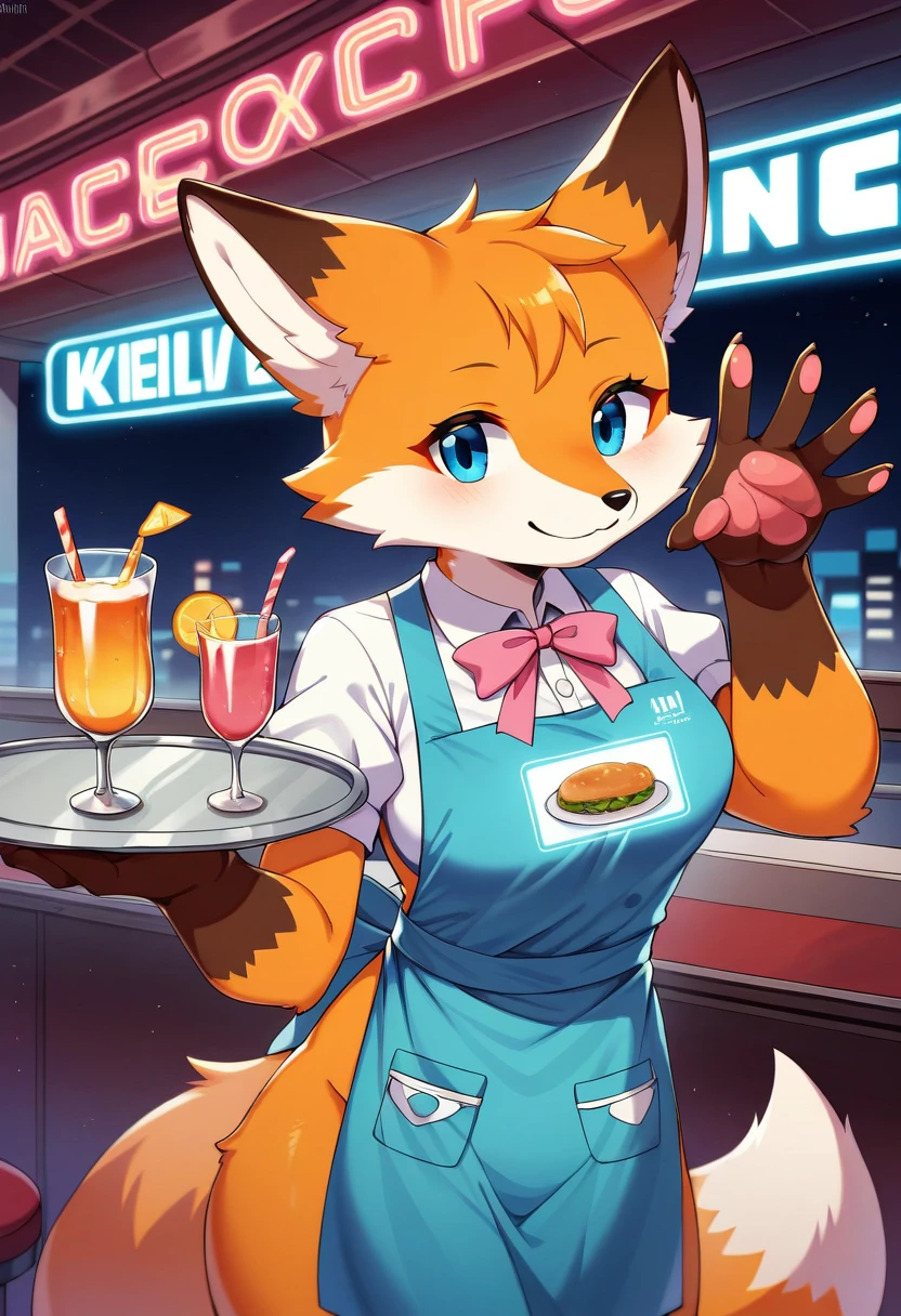 ((Masterpiece)), ((Best Quality)), (Very Detailed), ((Very Detailed)), 4K, (8K), very aesthetic, absurdres highres, 1girl, (anthropomorphic fox, furry, kemono:1.8), Virtual waitress, hologram waitress, cute uniform, pink ribbon, apron, fast food restaurant, futuristic design, neon lights, digital menu, smiling, taking order, holding tray, pink, blue, white, glass reflection, metal reflection, energetic, friendly