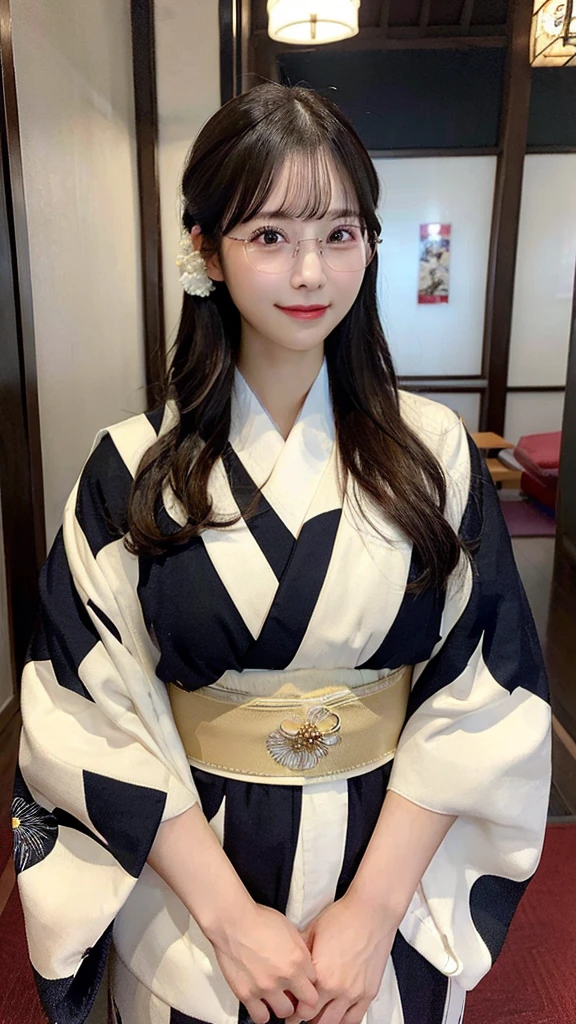 (A super beautiful woman in a kimono)、((Highest quality、8K masterpiece:1.3))、Sharp focus:1.2、(Super beautiful face:1.0)、(Shiny skin:1.0)、Realistic photos、Black Hair、Video Lighting、High resolution eyes and face、Video Lighting、Japanese actress、from the front、Big Breasts、With a happy smile、The beauty of slim abs、whole body、wear Kimono、Kyoto、(((High-class obi)))、夜のKyotoで、Wearing rimless glasses、With a fan