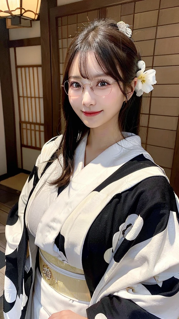 (A super beautiful woman in a kimono)、((Highest quality、8K masterpiece:1.3))、Sharp focus:1.2、(Super beautiful face:1.0)、(Shiny skin:1.0)、Realistic photos、Black Hair、Video Lighting、High resolution eyes and face、Video Lighting、Japanese actress、from the front、Big Breasts、With a happy smile、The beauty of slim abs、whole body、wear Kimono、Kyoto、(((High-class obi)))、夜のKyotoで、Wearing rimless glasses、With a fan