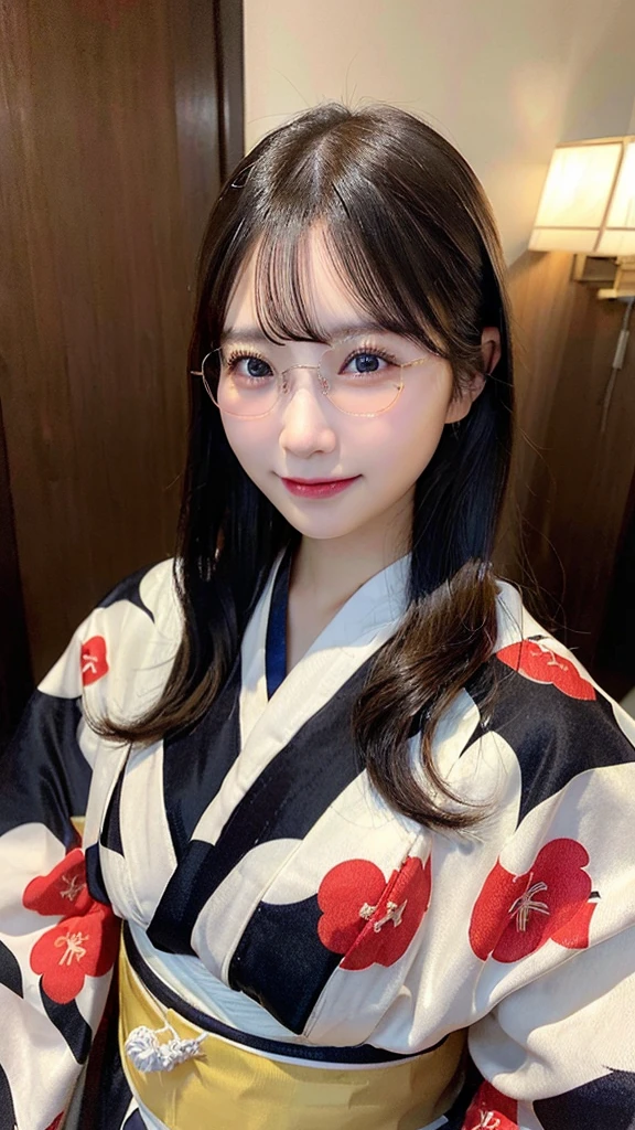 (A super beautiful woman in a kimono)、((Highest quality、8K masterpiece:1.3))、Sharp focus:1.2、(Super beautiful face:1.0)、(Shiny skin:1.0)、Realistic photos、Black Hair、Video Lighting、High resolution eyes and face、Video Lighting、Japanese actress、from the front、Big Breasts、With a happy smile、The beauty of slim abs、whole body、wear Kimono、Kyoto、(((High-class obi)))、夜のKyotoで、Wearing rimless glasses、With a fan