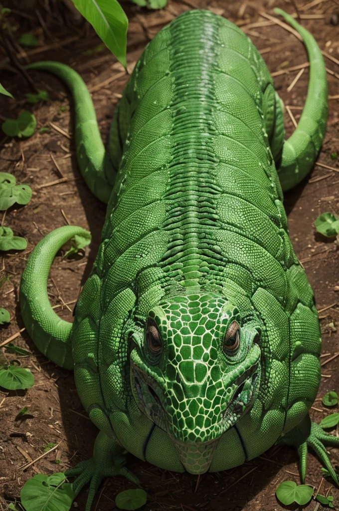 A reptile of 5 in diameter and 4 in width and 3 meters green with small bony plates on its back in a savannah 