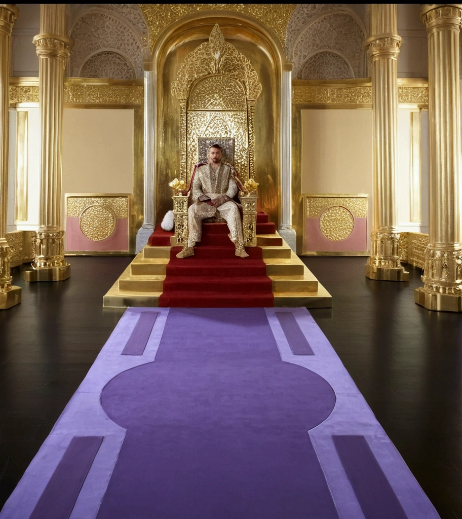 there is one sitting on a throne, em uma throne room, sitting in a gilded throne, throne room, palace background, sitting on the golden throne, sitting in a gilded throne, sitting in real tranquility, royal elegant pose, perched on intricate throne, exquisitely designed throne room, sitting on an ornate throne