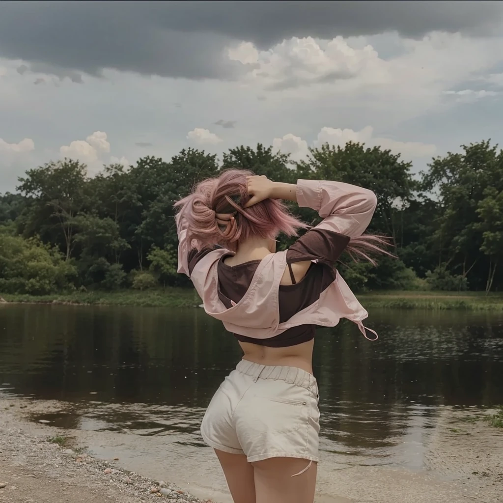 girl 21 years old, short shoulder-length hair, pink hair color, veey short shorts