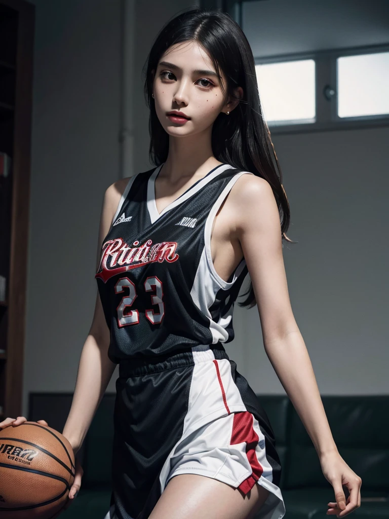absurdres, RAW photo, extremely delicate and beautiful, masterpiece, Best Quality, ultra high resolution, 32k, hyperrealistic, ultra-detailed, perfect figure, Perfect Style, Perfect balance, in her 20s, very small head, very small face, delicate facial features, tearful mole, earring, ((very huge breasts)), ((full body shot)), ((bare legs)), medium hair, black hair, ((basketball uniform)),