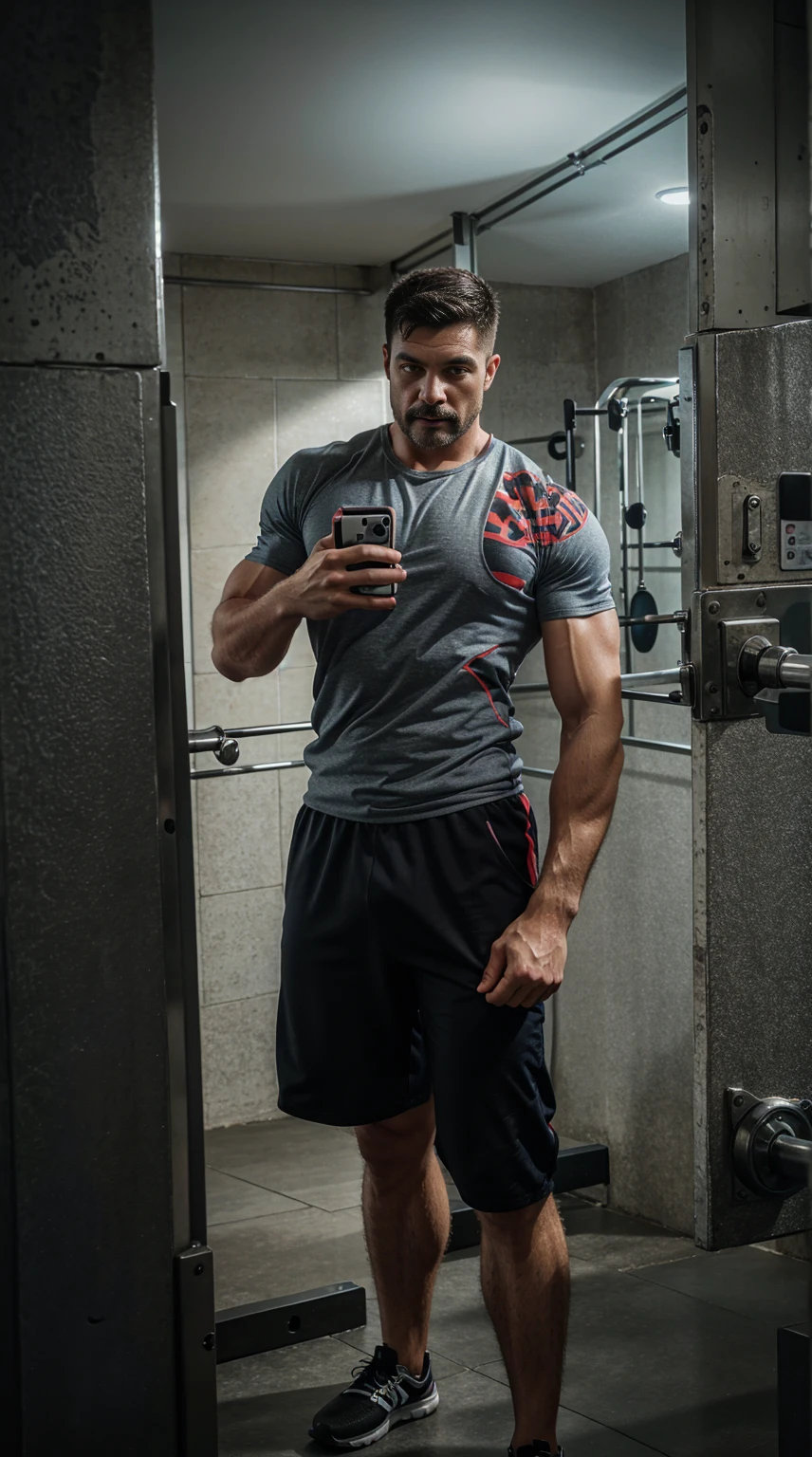 strong man in gym, holding cell phone, brawny, high qualiy, professional foto