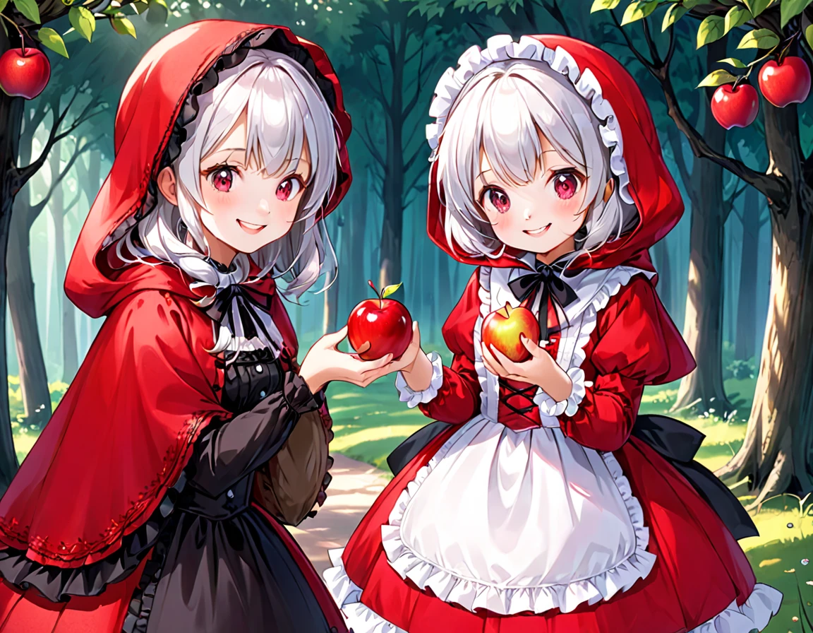 fairy tale Little Red Riding Hood A cute girl wearing a cute red ta-style dress Adorable smile Black scary old woman hands an apple to a