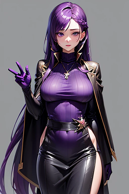masterpiece, Highest quality, Unreal Engine, Super Resolution, Very detailed,
1 Girl, malaria, Quiz Magic Academy, ((Purple long hair:1.8)), blue eyes, length, ((Narrow eyes)), Waist, thin, (Muscular:0.8), Big Breasts, bold, Lips parted, Observe the audience,
Are standing, Sexy pose, Cowboy Shot,
Magic Class, Simple background anime style, Key Visual,
malaria, ((Purple Dress)), ((Black Linen Skirt)), (Black Short Cape), (((Pink turtleneck net suit))), ((Pink long gloves)), Black long boots, Sticky with sweat,