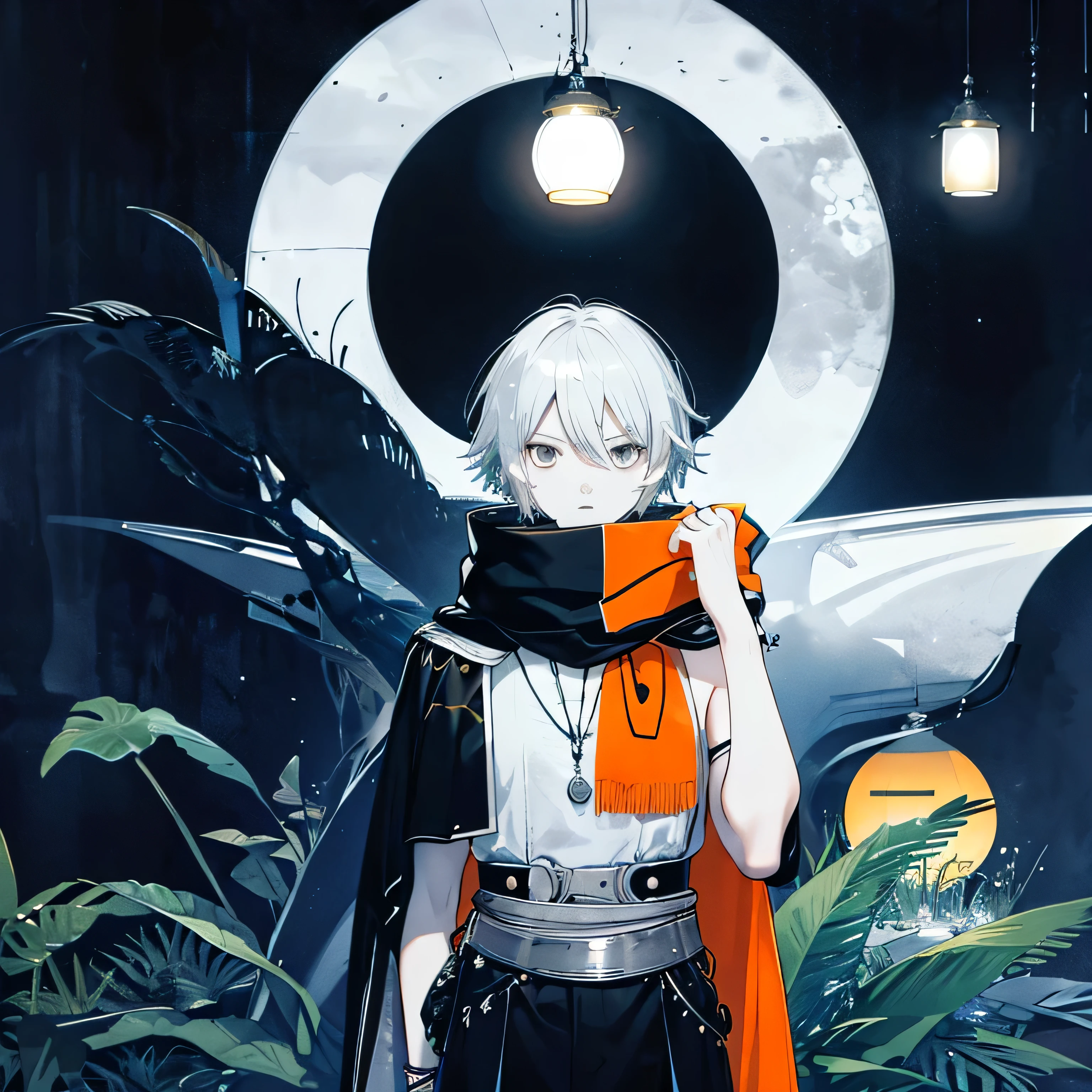 neutral　Short Hair　white髪　Silver Hair　orange　monotone　chic　juvenile　moon　black　white　Navy Blue　cool　cool　green　Decadence　water　orange色の瞳　lamp　Punk Fashion　Cape　scarf