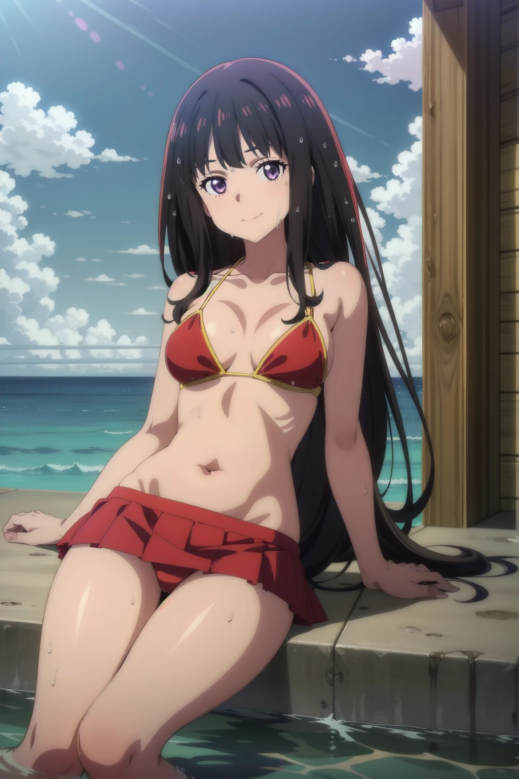 1girl, solo, masterpiece, best quality, megami magazine,
lycoris recoil, inoue takina,takina inoue, purple eyes, tsurime, black hair, long hair, straight hair, sidelocks, medium breasts, blush, seductive smile, shiny skin, bikini, red bikini, skindentation, collarbone, bare arms, navel, bikini skirt, bare legs, cleavage, ass visible through thighs, thigh gap, outdoors, ocean, wet, blue sky, contrapposto, looking at viewer