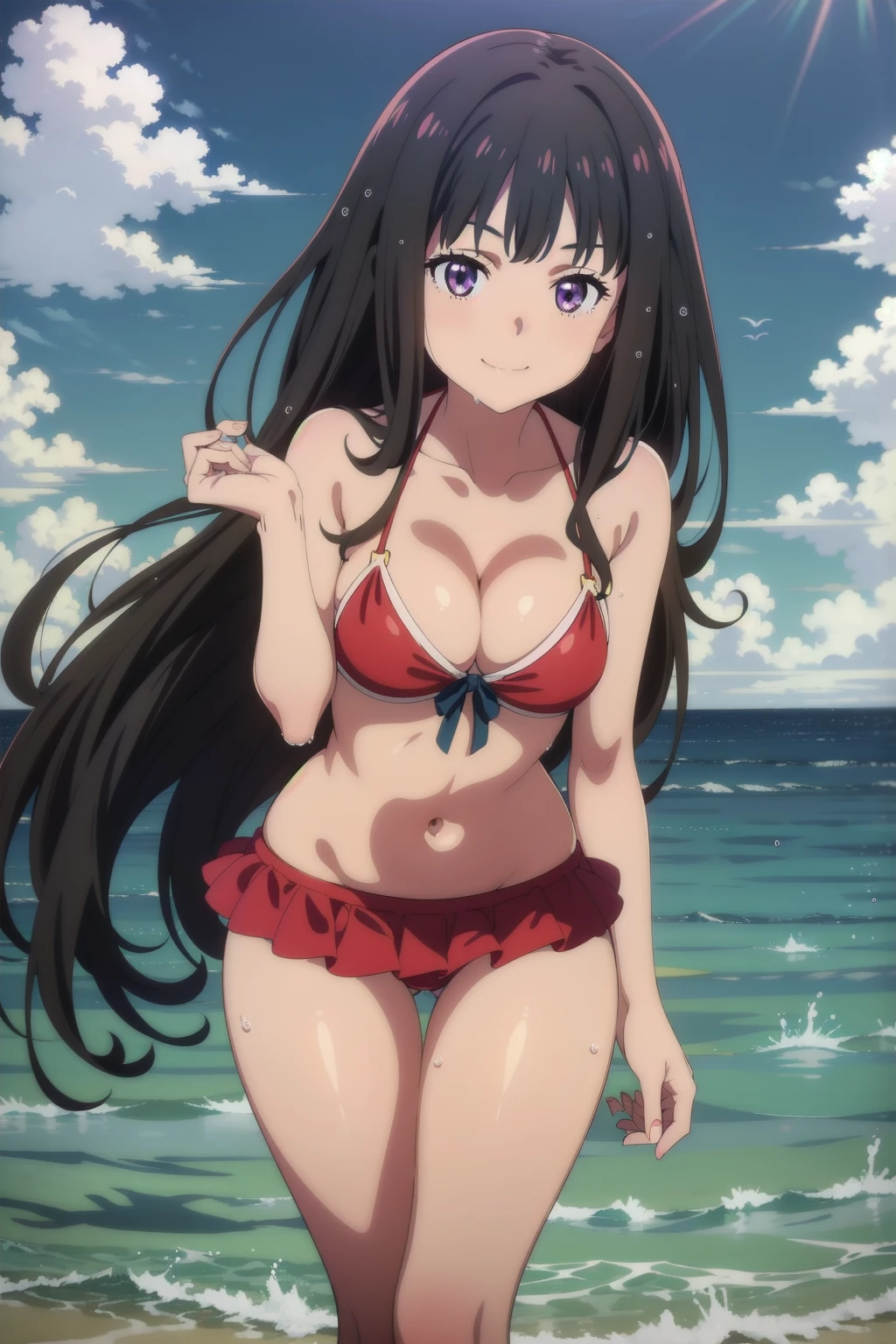 1girl, solo, masterpiece, best quality, megami magazine,
lycoris recoil, inoue takina,takina inoue, purple eyes, tsurime, black hair, long hair, straight hair, sidelocks, medium breasts, blush, seductive smile, shiny skin, bikini, red bikini, skindentation, collarbone, bare arms, navel, bikini skirt, bare legs, cleavage, ass visible through thighs, thigh gap, outdoors, ocean, wet, blue sky, contrapposto, looking at viewer