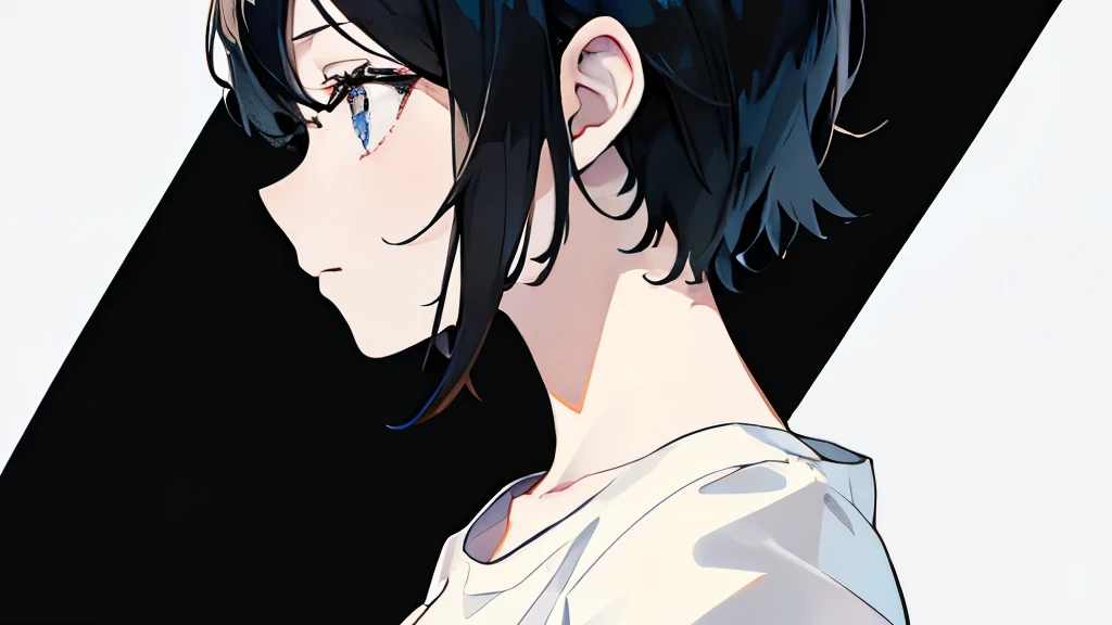 solo、Beautiful image quality、Profile of a 、Shortcuts、Black Hair、Anxious face、White T-shirt、Black Background、