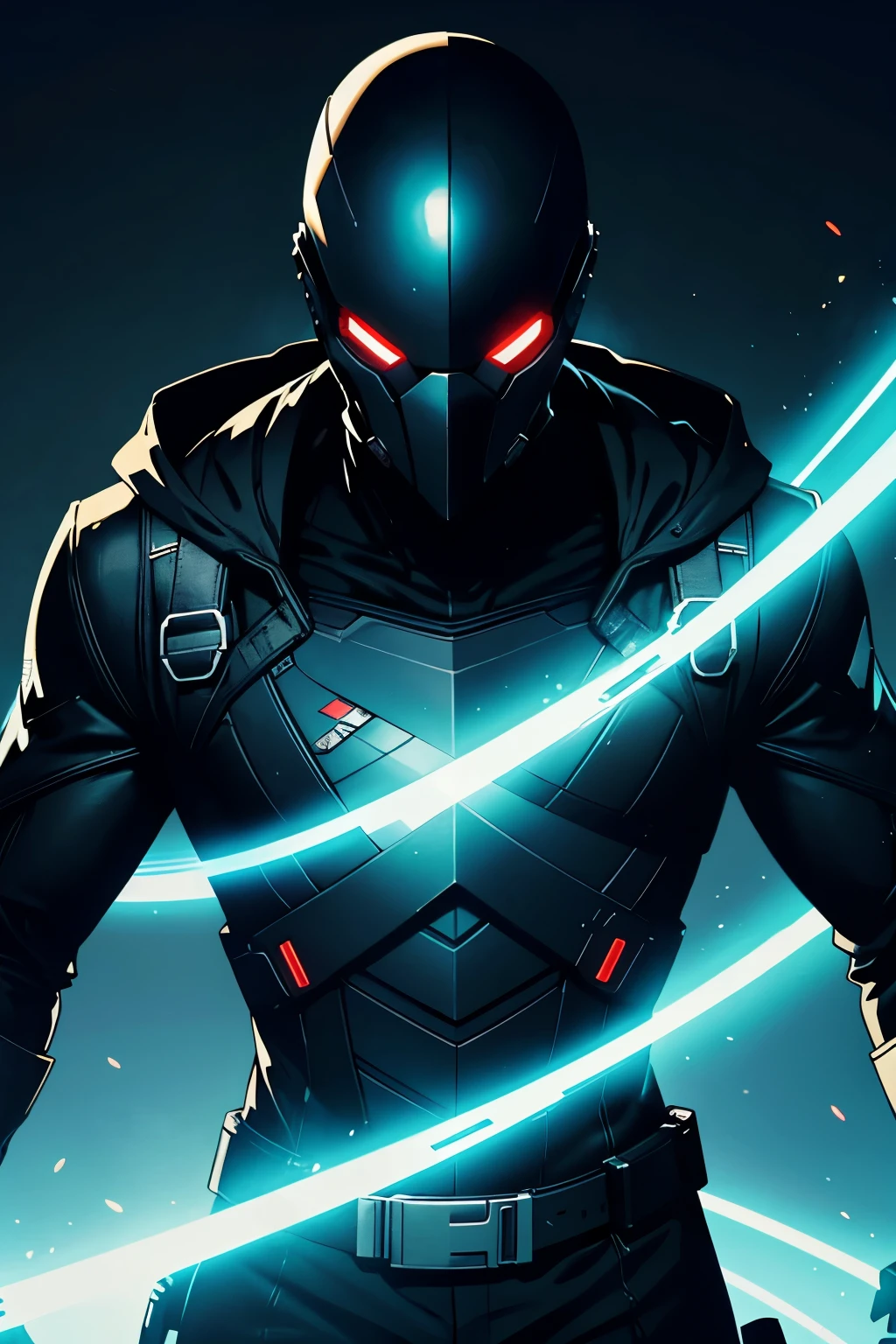 generate a black guy in a futuristic hitman costume, he has a bald headed amoured hero mask that covers his whole face leaving his mouth and eyes showing only, simple all black clothing, his suit has trailed lines of glowing light around it, he has a utility gear, comic style anime bold lines