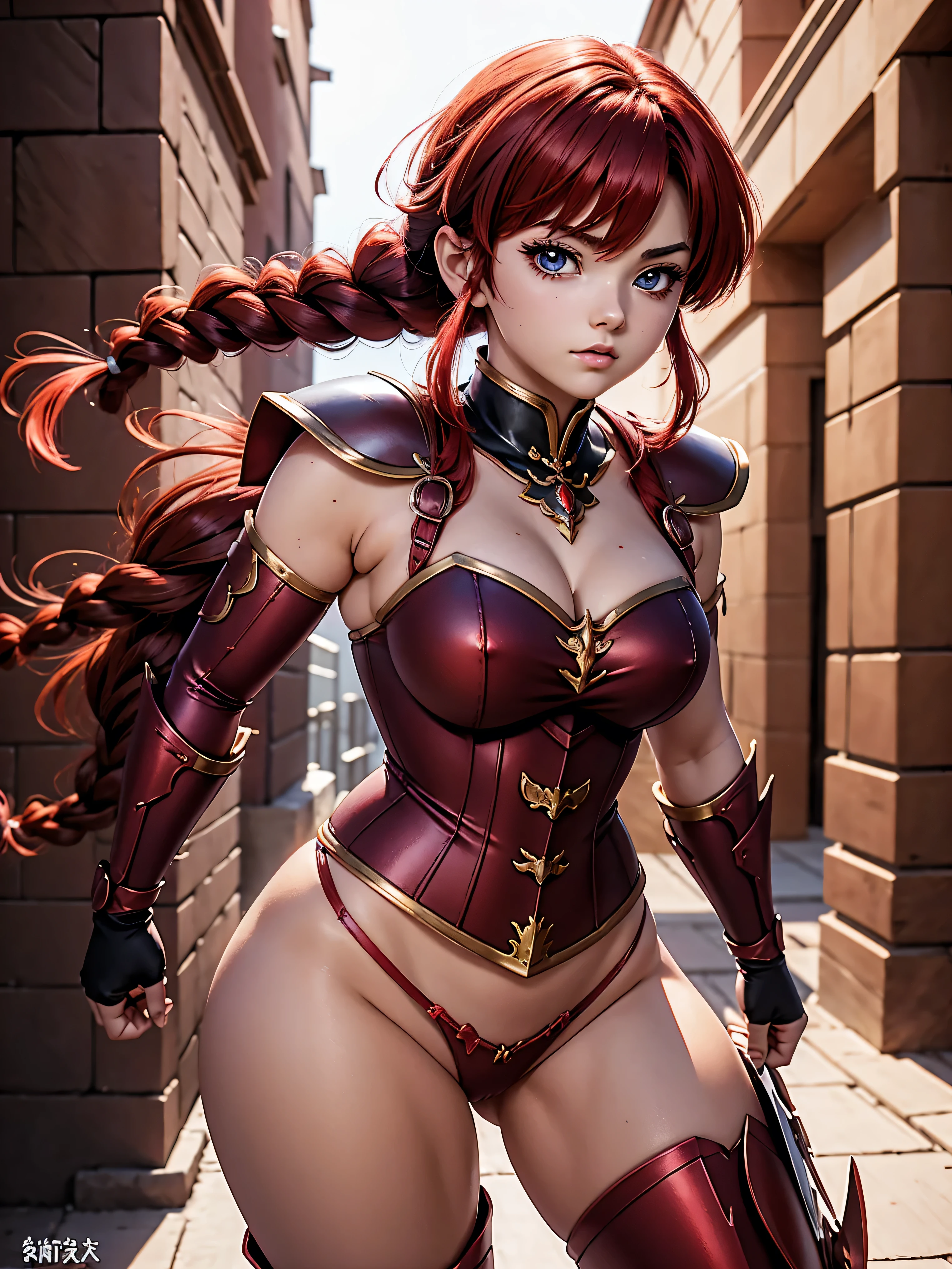 Garota anime sexly com cabelo ruivo com trança curta com armadura red, armor itself, ar old, fluffy body, fluffy breasts, pose de luata, combat stance, garota sexly, red hair and braid, locks of hair on the side of the face, beautiful lighting, softshadows, blue colored eyes, pretty legs, short-hair, anime styling, ranma chan, Autora Rumiko Takahashi, Based on a work by Rumiko Takahashi, Anime Ranma 1/ 2, sexly, robust hip, fully body, busto sexly, young man with beautiful body, garota de 15yeld jovem baixa estatura, wearing red armor and black corset, martial arts warrior with armor, anime girl, anime styling, plein-air, postura sexly, body in fighting stance, eyes large, bright red hair