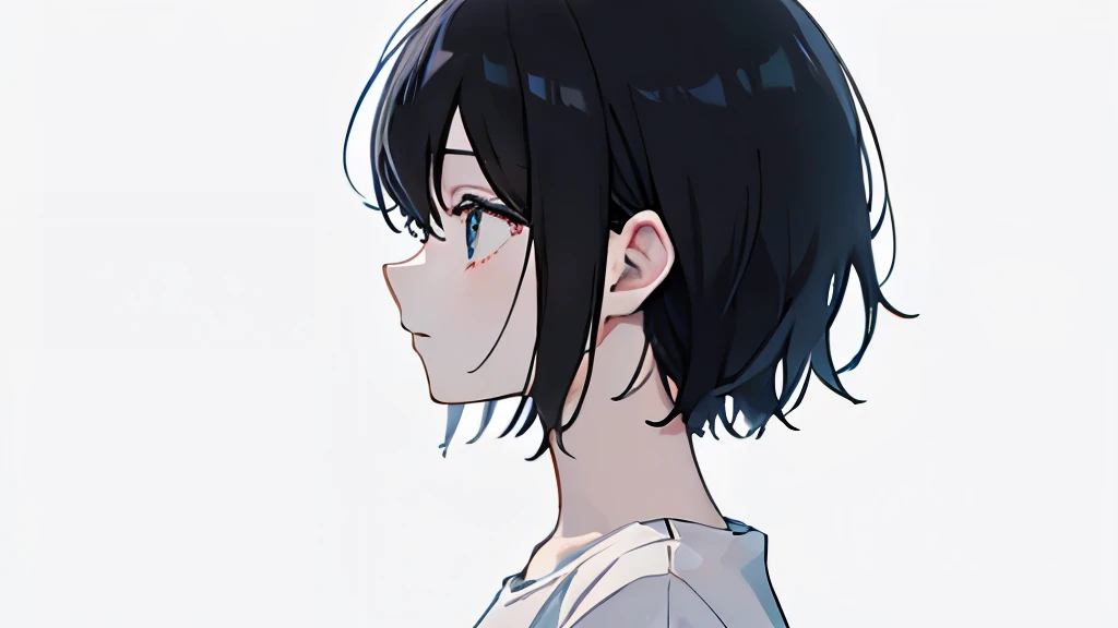 solo、Beautiful image quality、Profile of a 、Shortcuts、Black Hair、Anxious face、White T-shirt、Black Background、