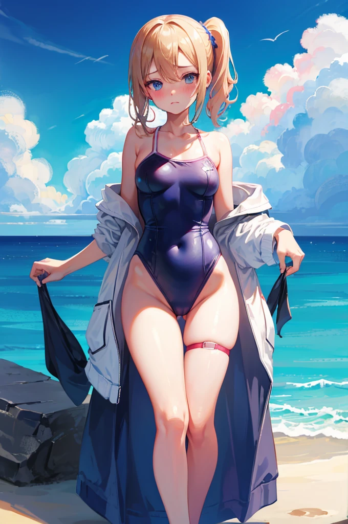 Cute Swimsuit,,Blushing、bionde、ponytail、pale blue eyes、Head to toe full body、Blushing、Embarrassed look、Composition from the front、A view from slightly below、school swimwear、Acme Face、Random pose、, 、nsfw、Highest quality、1 girl、独奏、Ocean、Sandy Beach、Sexy pose、Random pose、Blushing、wet、Embarrassed、I can see half of my 、、One piece swimsuit、(Strap slip:1.3)、