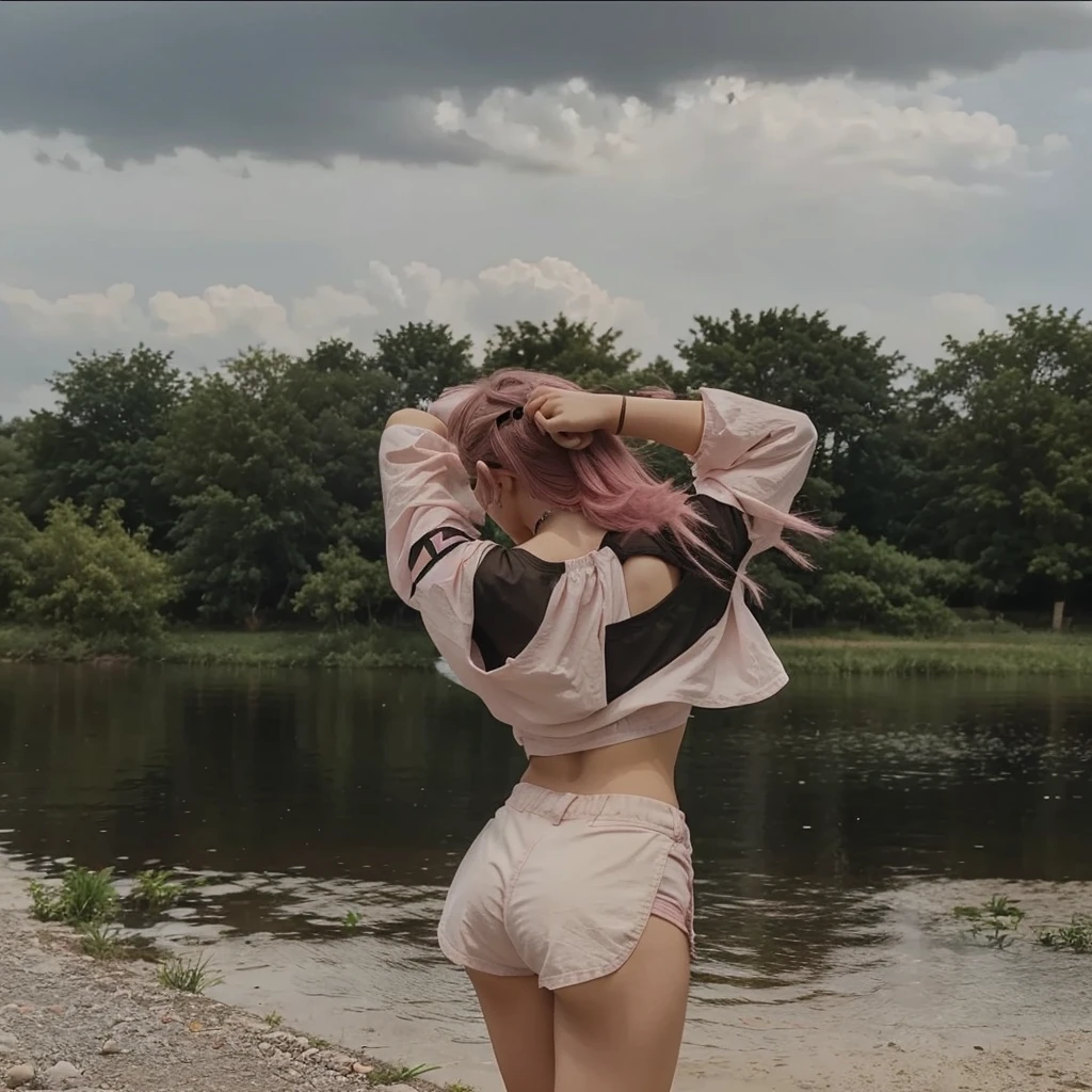 girl 21 years old, short shoulder-length hair, pink hair color, veey short shorts