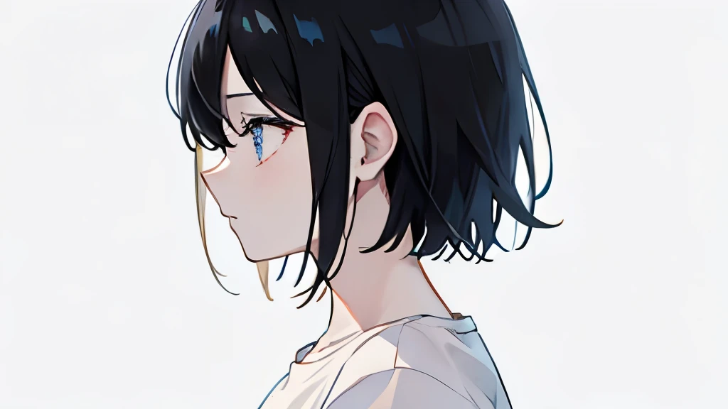 solo、Beautiful image quality、Profile of a 、Shortcuts、Black Hair、Anxious face、White T-shirt、Black Background、
